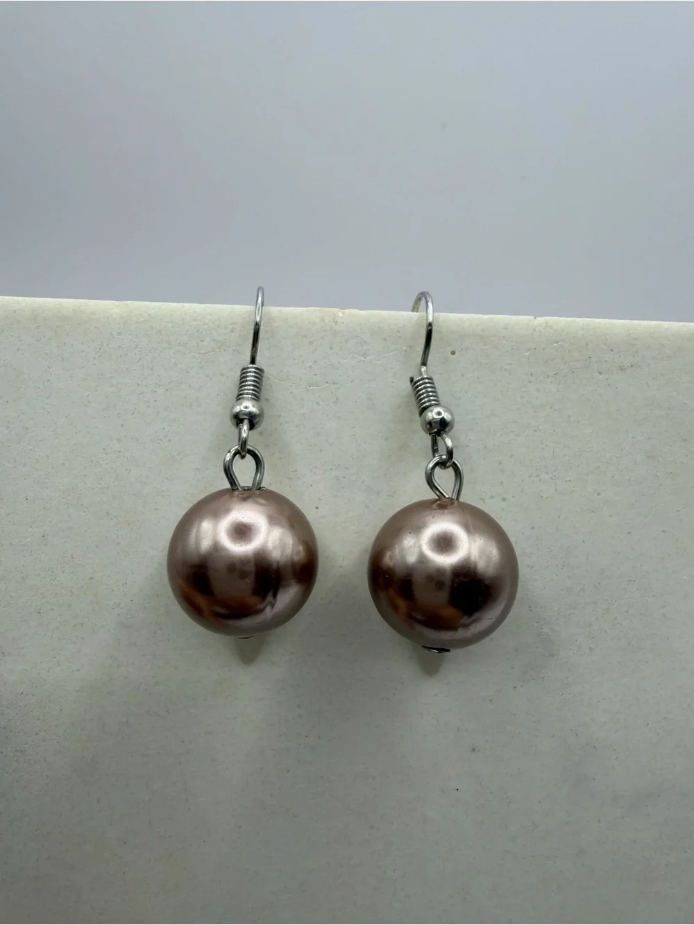 Rose Gold Faux Pearl Dangle Earrings | Large Luster Pearl Silver Fishhook